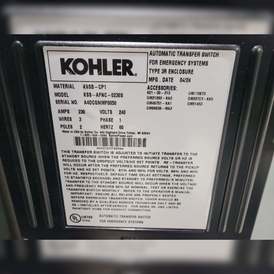 New 230 Amp Kohler KSS-AFNC-0230S Automatic Transfer Switch sticker