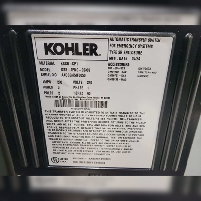 New 230 Amp Kohler KSS-AFNC-0230S Automatic Transfer Switch sticker