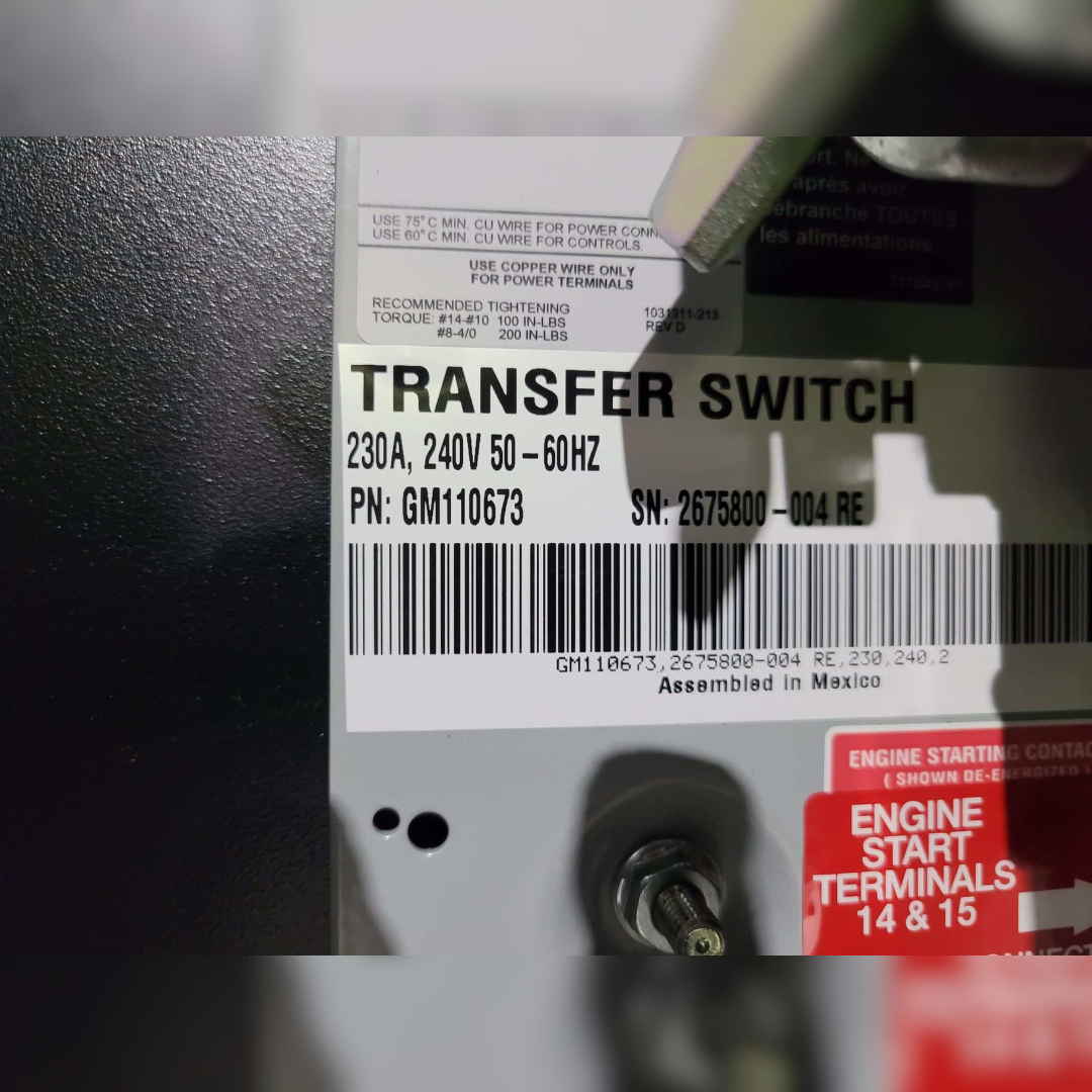 New 230 Amp Kohler KSS-AFNC-0230S Automatic Transfer Switch sticker