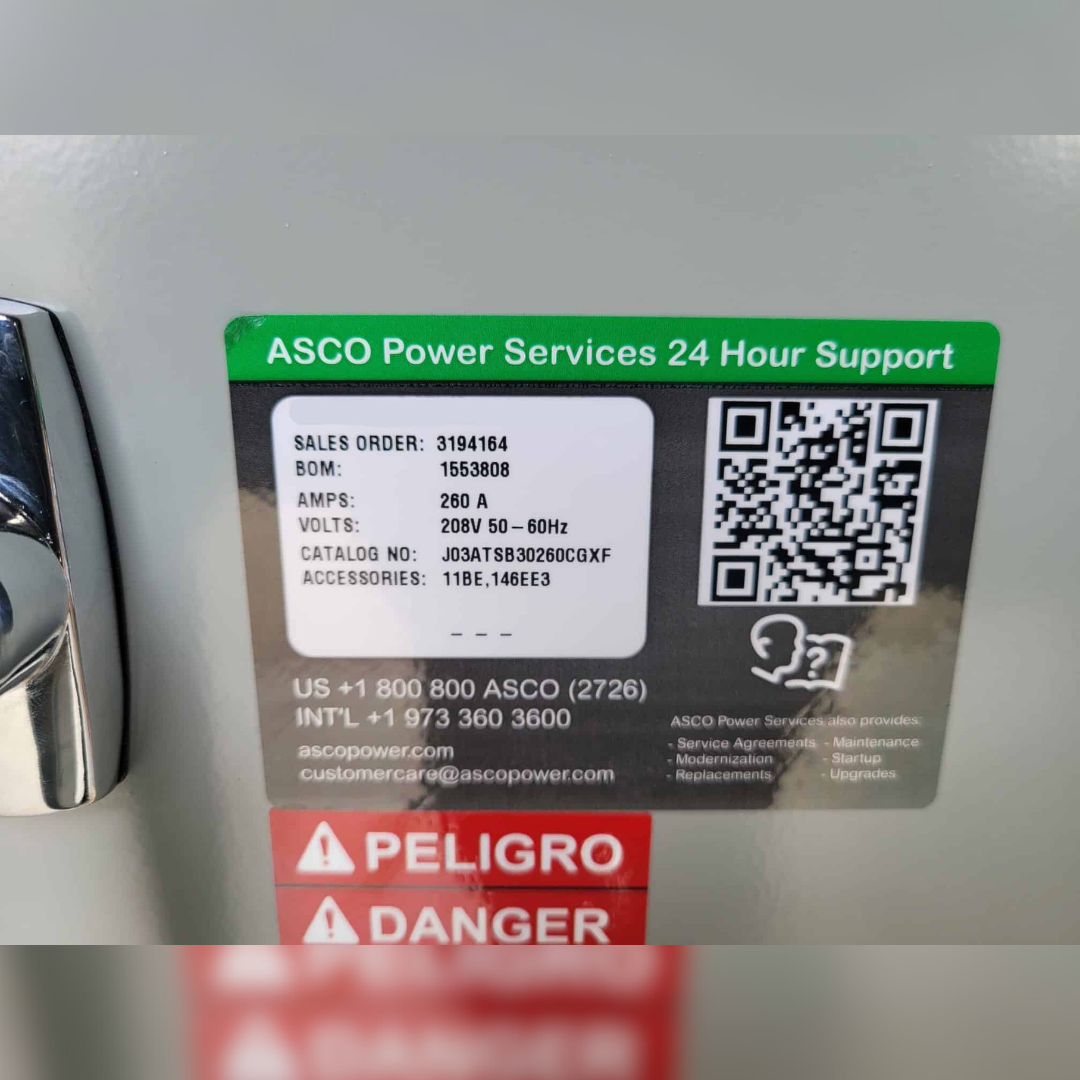 New 260 Amp ASCO 300 Series J03ATSB30260NGXF Automatic Transfer Switch 24 hour support sticker