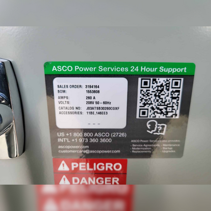 New 260 Amp ASCO 300 Series J03ATSB30260NGXF Automatic Transfer Switch 24 hour support sticker