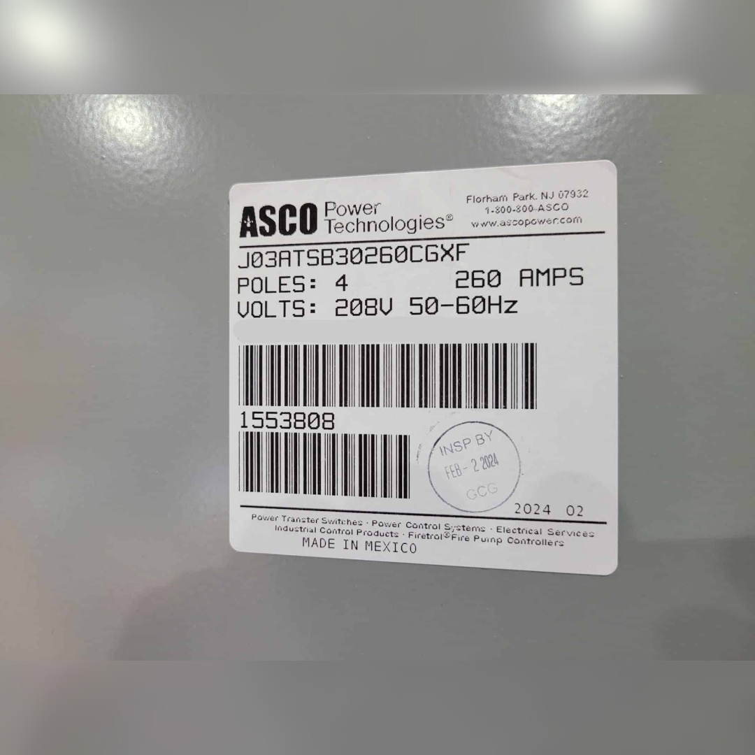 New 260 Amp ASCO 300 Series J03ATSB30260NGXF Automatic Transfer Switch inspected by sticker