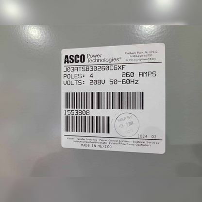 New 260 Amp ASCO 300 Series J03ATSB30260NGXF Automatic Transfer Switch inspected by sticker