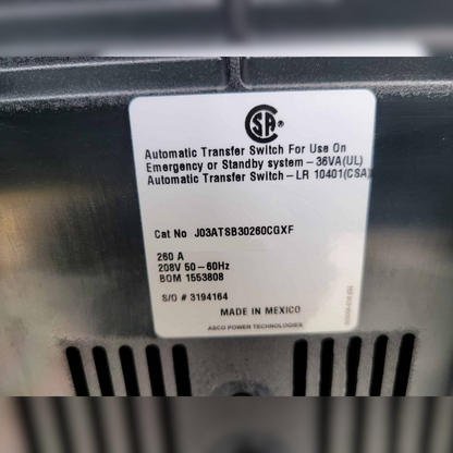 New 260 Amp ASCO 300 Series J03ATSB30260NGXF Automatic Transfer Switch sticker