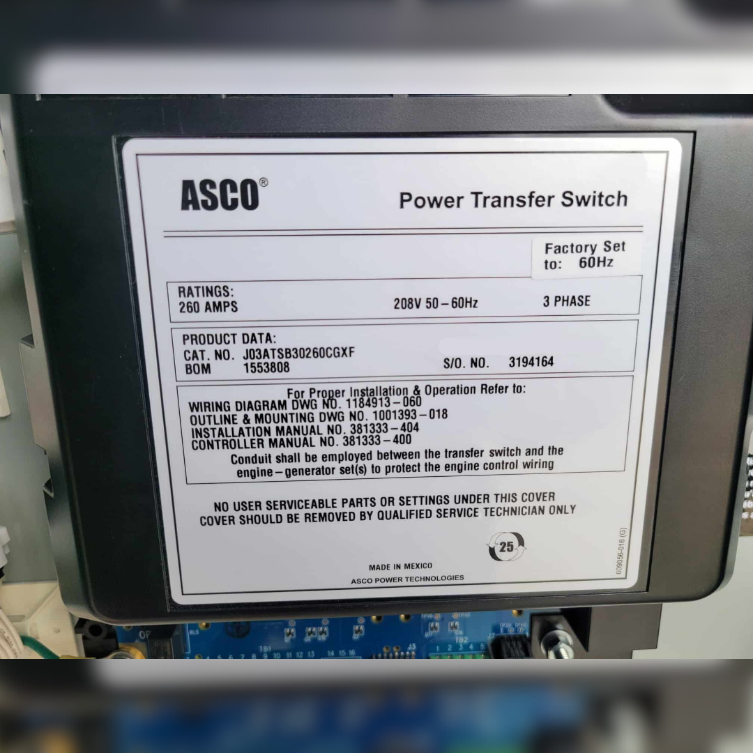 New 260 Amp ASCO 300 Series J03ATSB30260NGXF Automatic Transfer Switch sticker