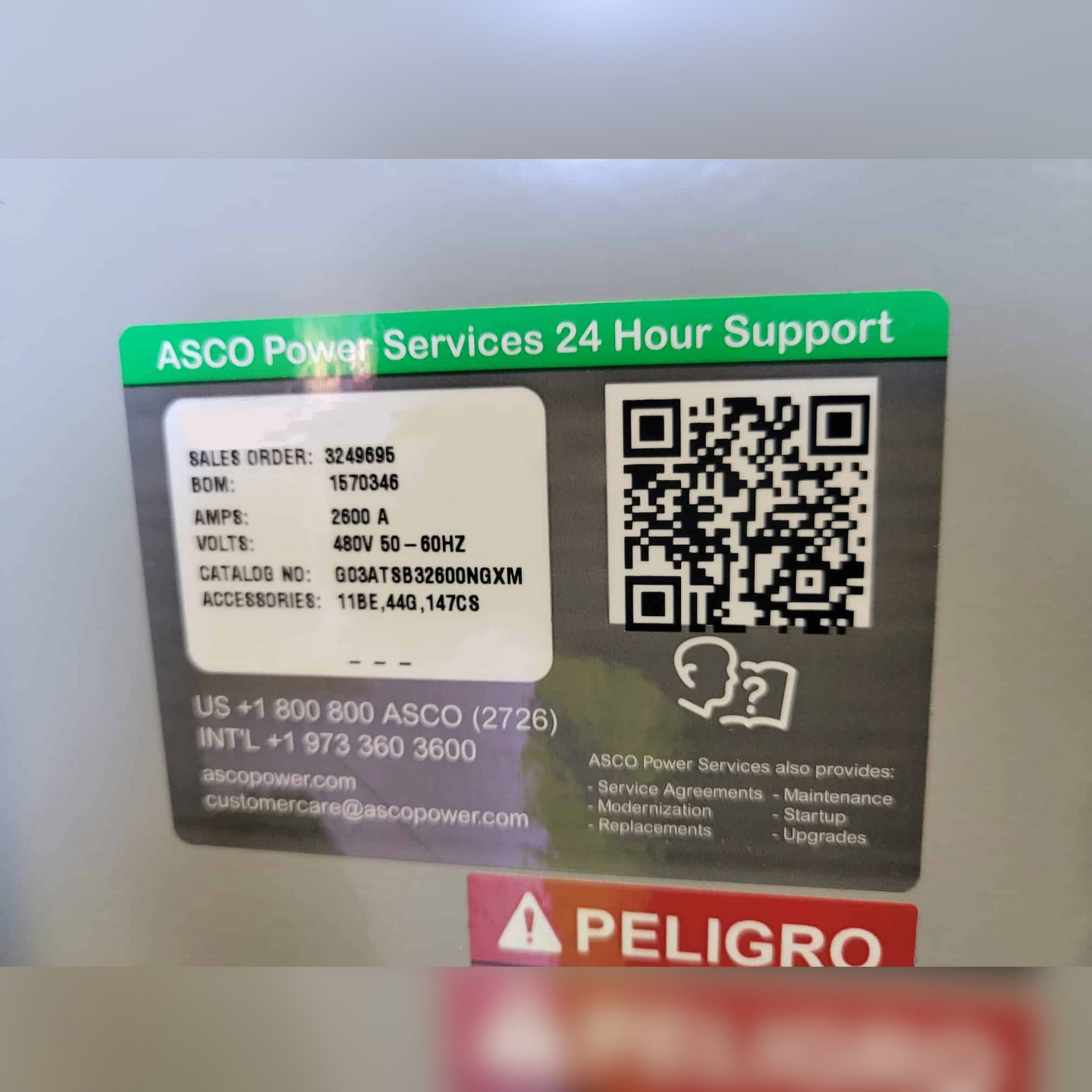 New 2600 Amp ASCO 300 Series G03ATSB32600NGXM Automatic Transfer Switch 24 Hour Support Sticker