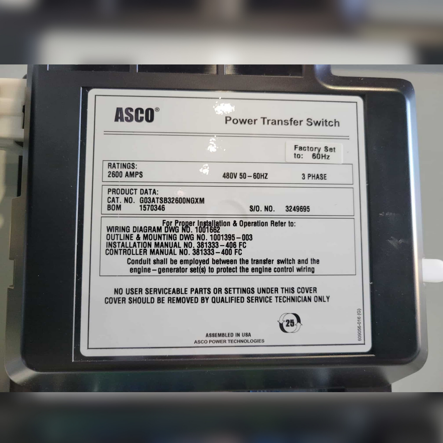 New 2600 Amp ASCO 300 Series G03ATSB32600NGXM Automatic Transfer Switch Sticker