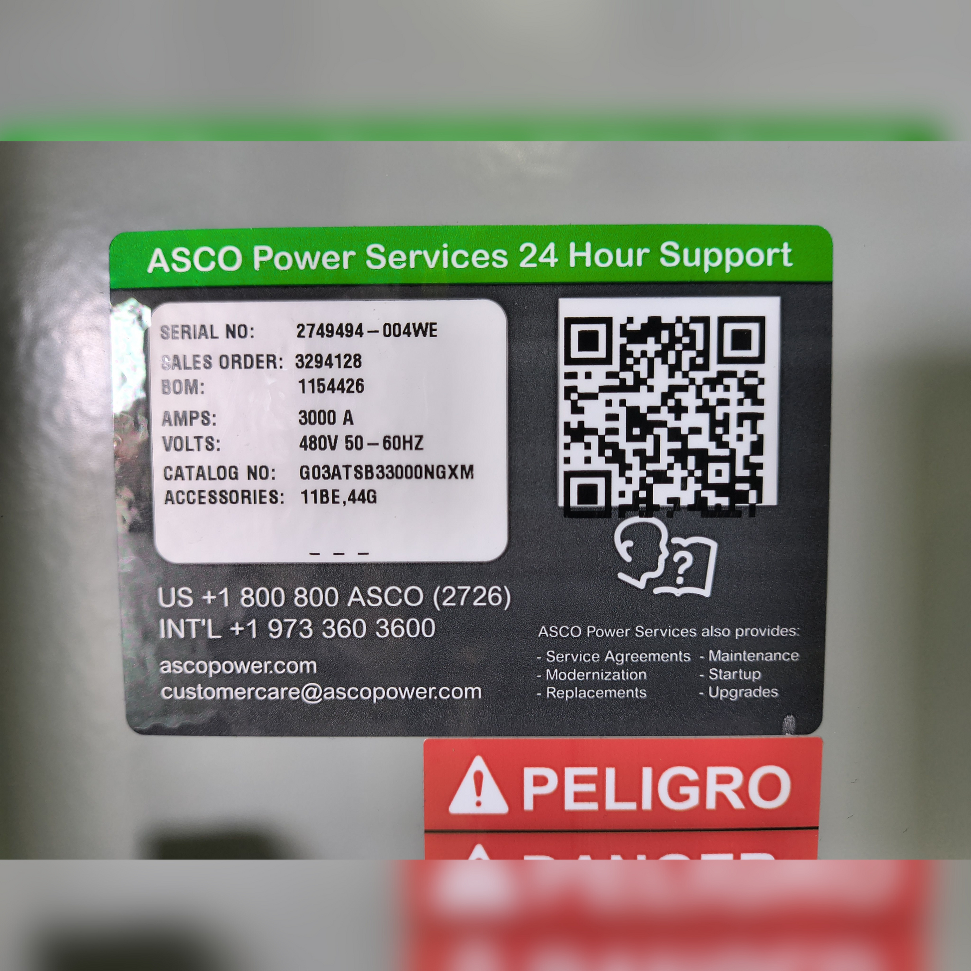 New 3000 Amp ASCO Series 300 G03ATSB33000NGXM Automatic Transfer Switch 24 Hour Support Sticker