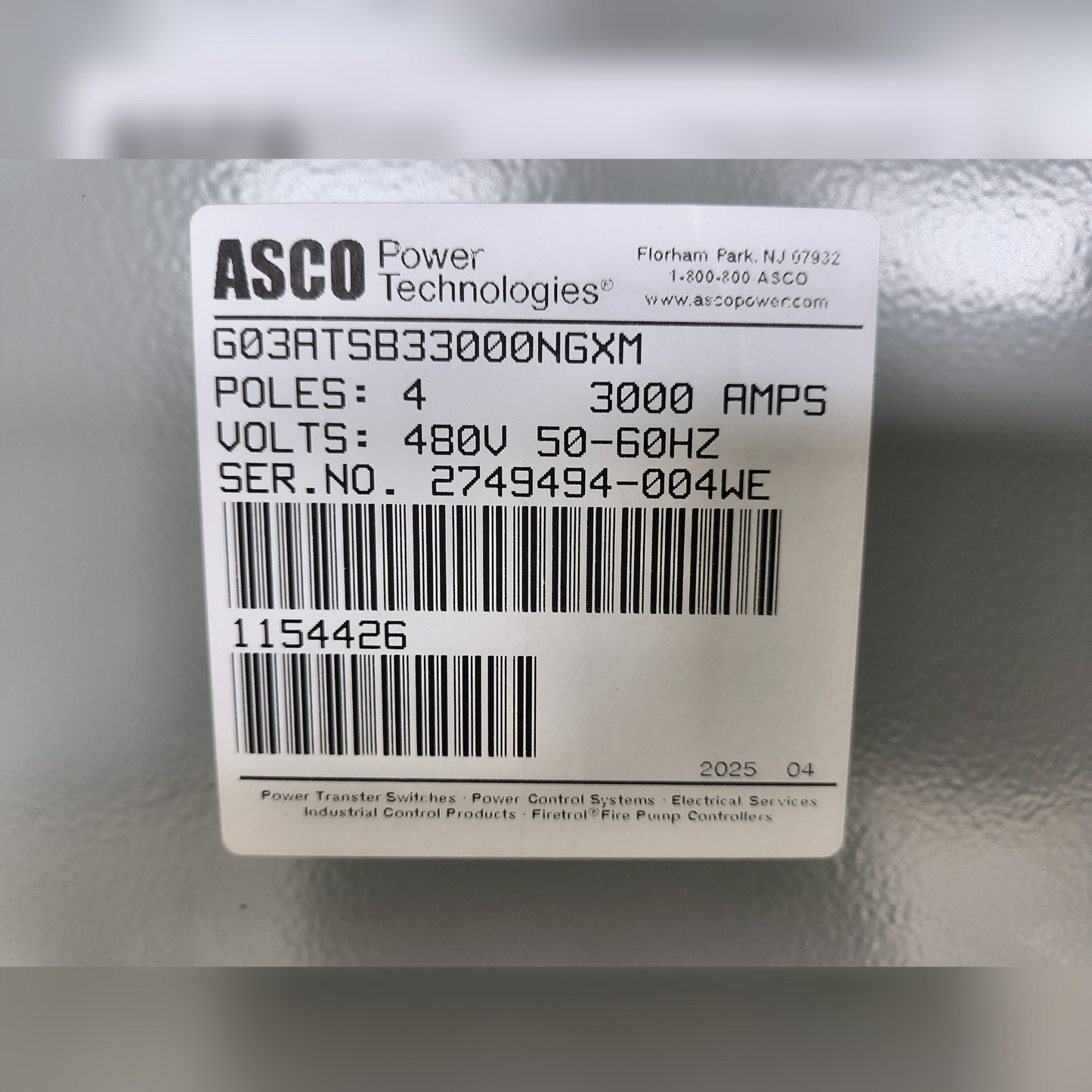 New 3000 Amp ASCO Series 300 G03ATSB33000NGXM Automatic Transfer Switch Sticker