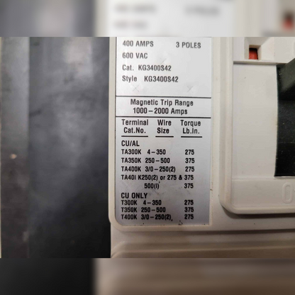 New 400 Amp EATON KG3400S42 Series C Circuit Breaker details