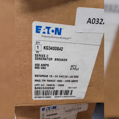 New 400 Amp EATON KG3400S42 Series C Circuit Breaker sticker