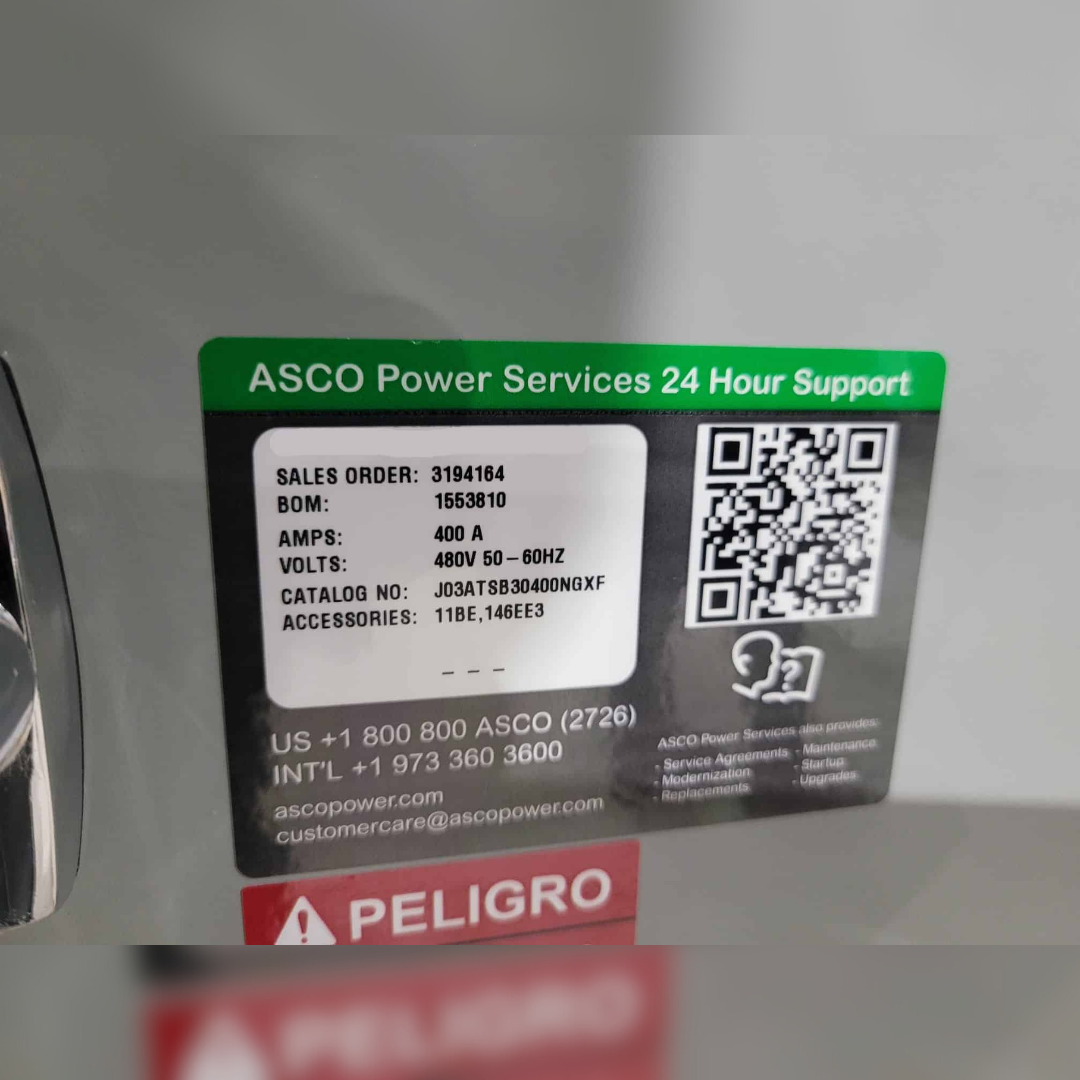 New 400 Amp ASCO J03ATSB30400NGXF Automatic Transfer Switch 24 hour support sticker