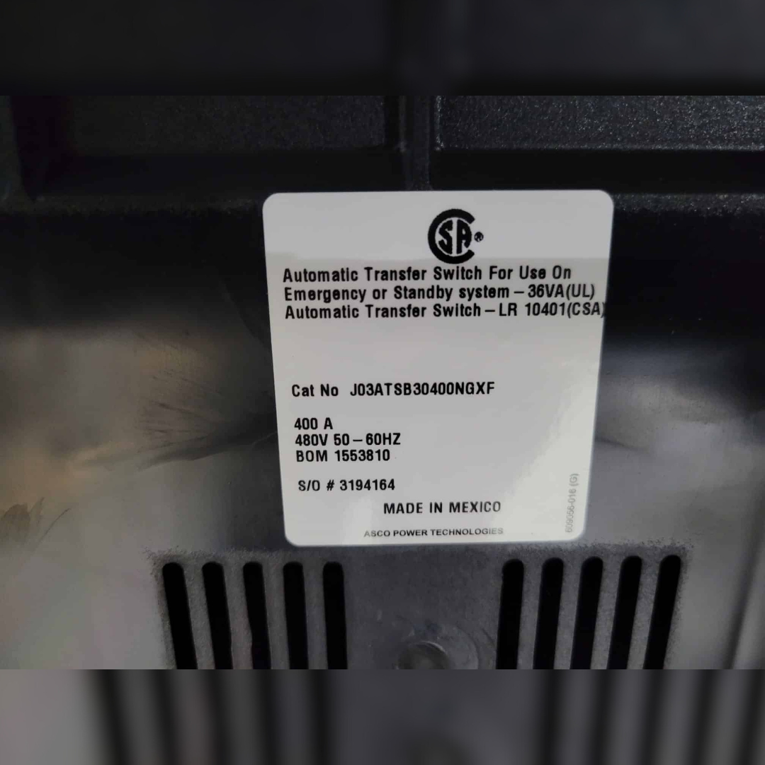 New 400 Amp ASCO J03ATSB30400NGXF Automatic Transfer Switch sticker