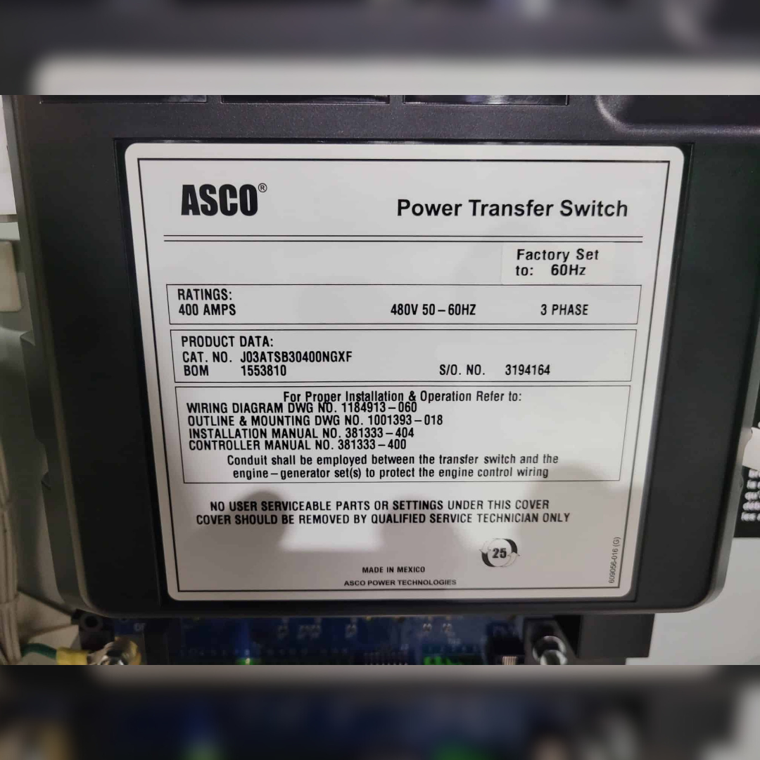New 400 Amp ASCO J03ATSB30400NGXF Automatic Transfer Switch sticker