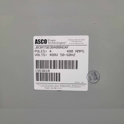 New 400 Amp ASCO J03ATSB30400NGXF Automatic Transfer Switch sticker