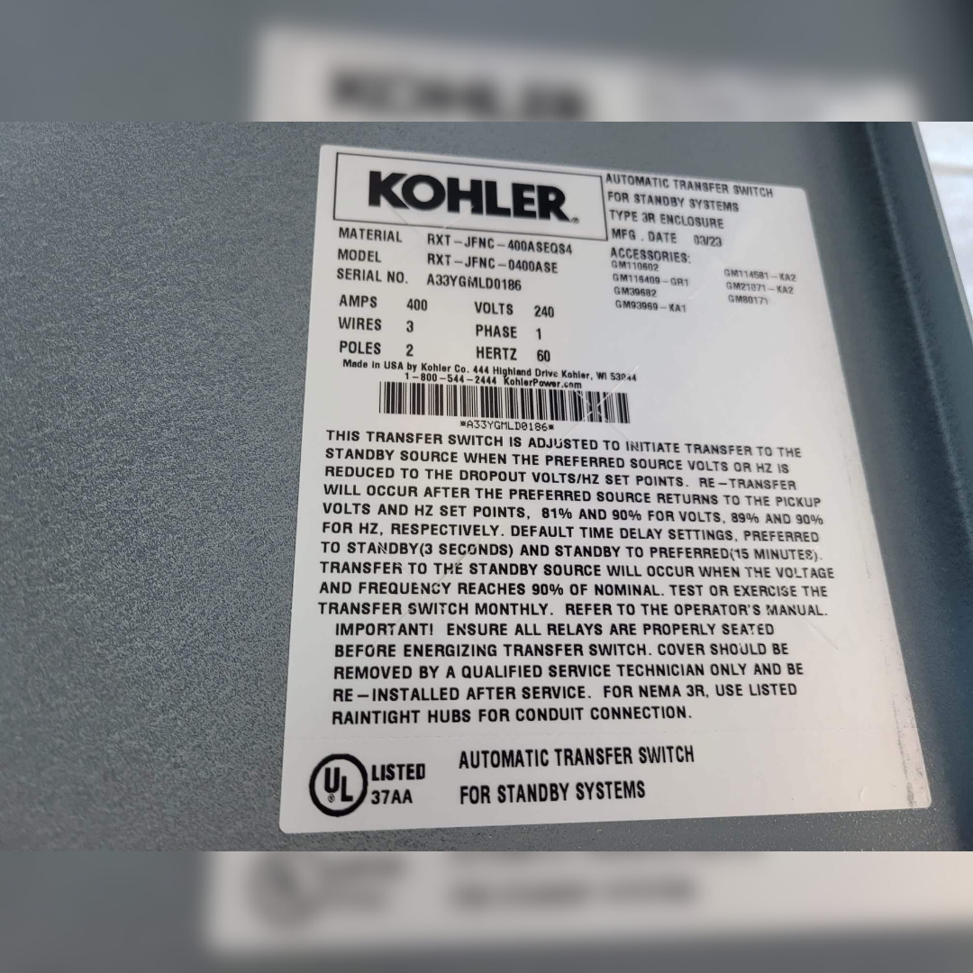 New 400 Amp Kohler RXT-JFNC-400ASE Automatic Transfer Switch sticker