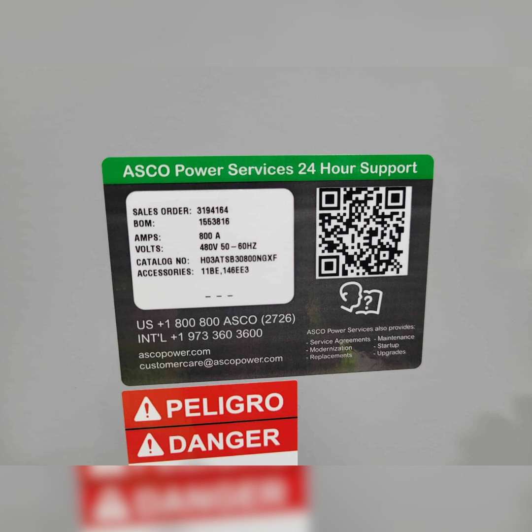 New 800 Amp ASCO 300 Series H03ATSB30800NGXF 24 hours support sticker