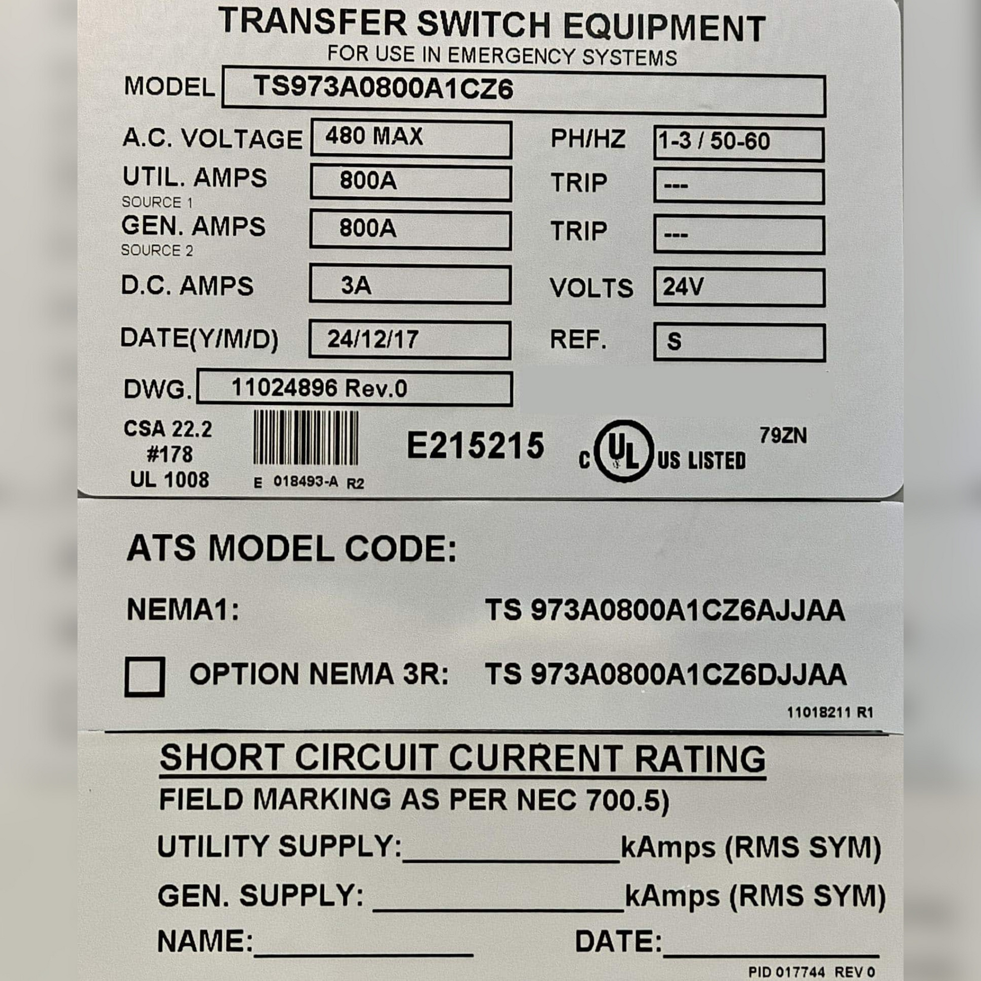 New 800 Amp Thomson TS 970 TS 973A0800A1CZ6AJJAA Automatic Transfer Switch Information Stickers