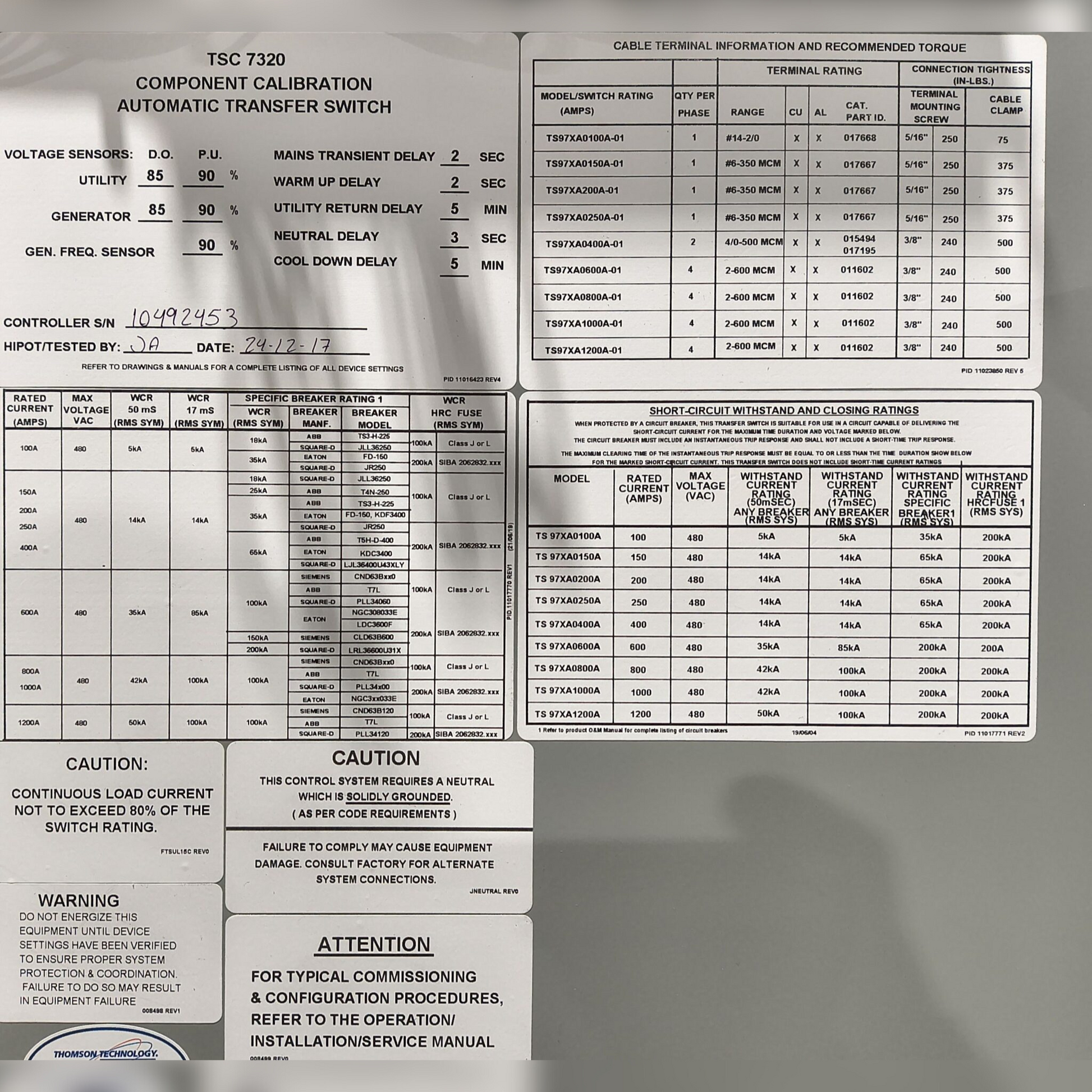 New 800 Amp Thomson TS 970 TS 973A0800A1CZ6AJJAA Automatic Transfer Switch Information Stickers