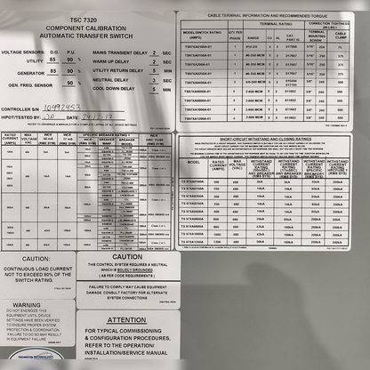New 800 Amp Thomson TS 970 TS 973A0800A1CZ6AJJAA Automatic Transfer Switch Information Stickers