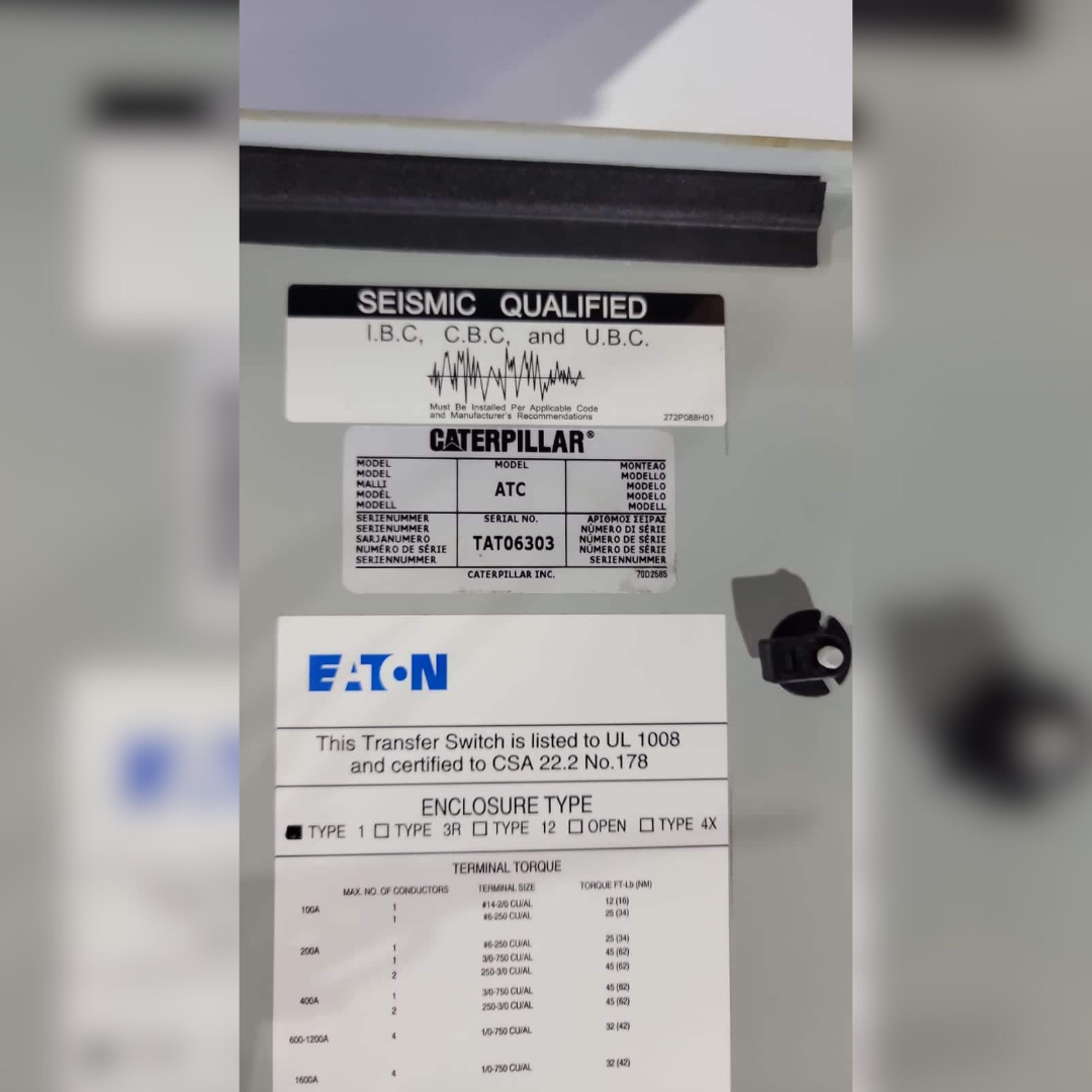 Used 100 Amp CAT ATC Automatic Transfer Switch sticker