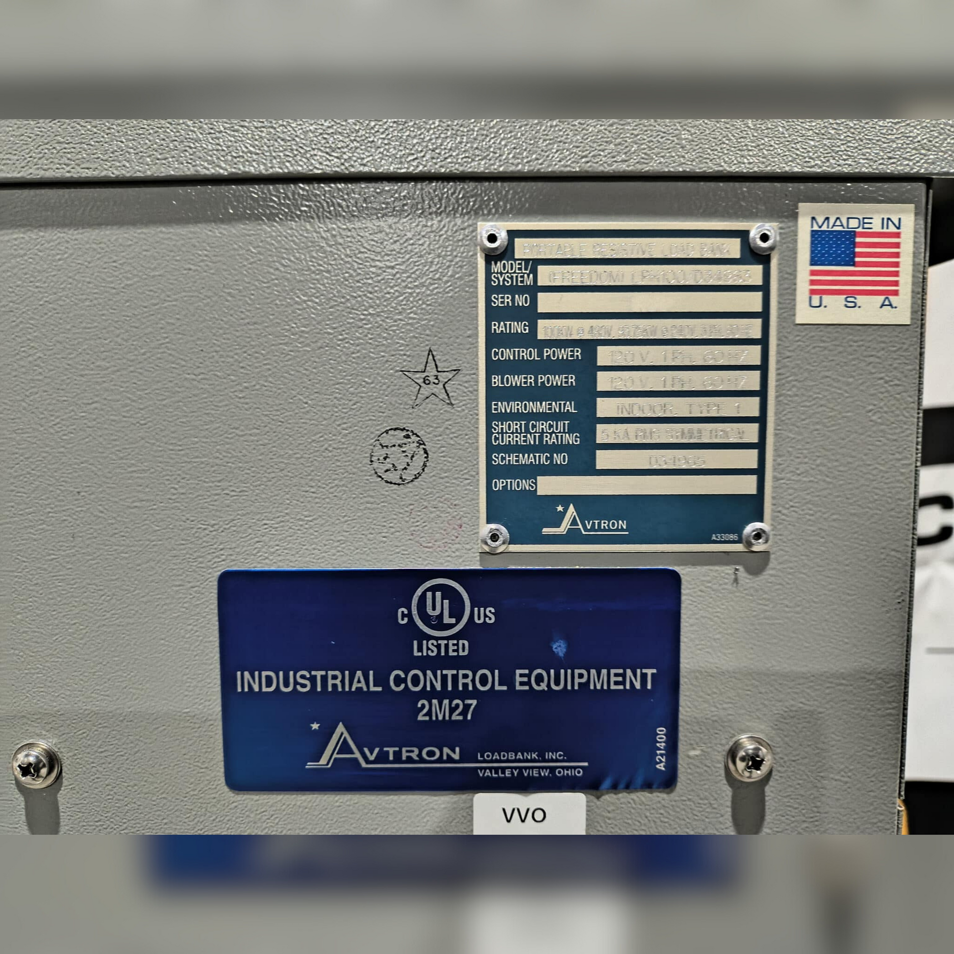 Used 100 kW Avtron LPH100/D34963 Portable Resistive Load Bank Stickers and Specifications
