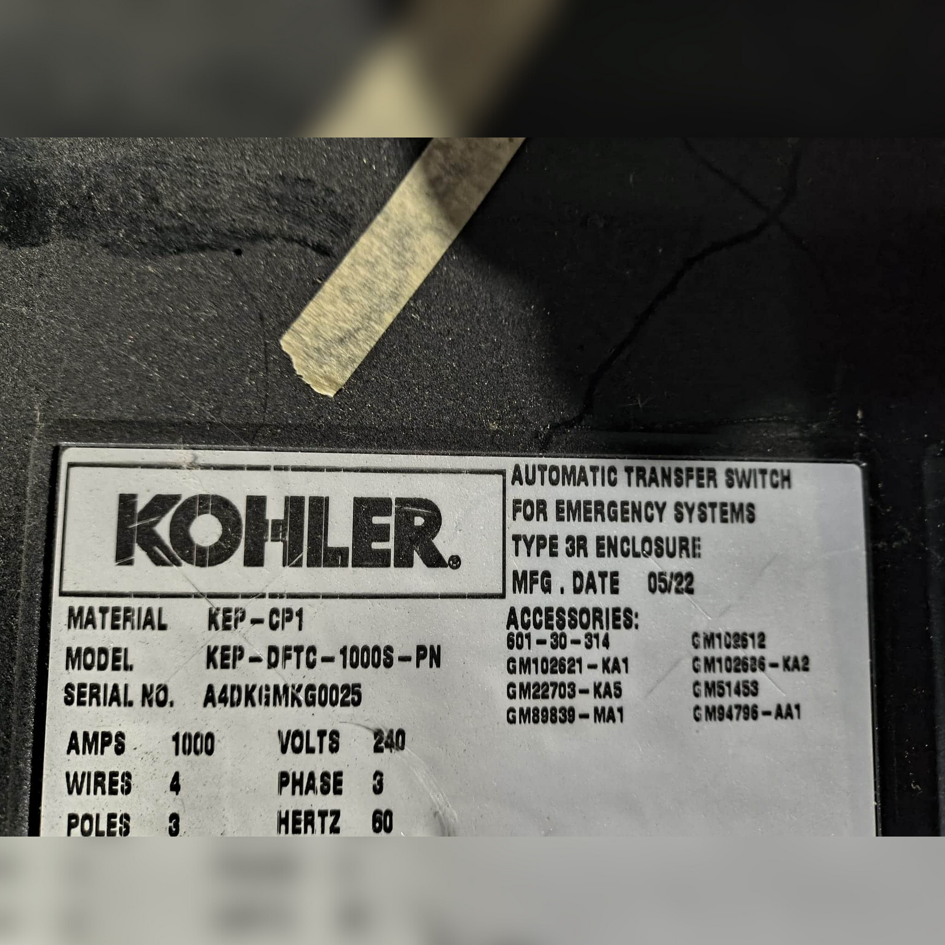 Used 1000 Amp Kohler KEP-DFTC-1000S-PN Service Entrance Rated Automatic Transfer Switch Information Sticker