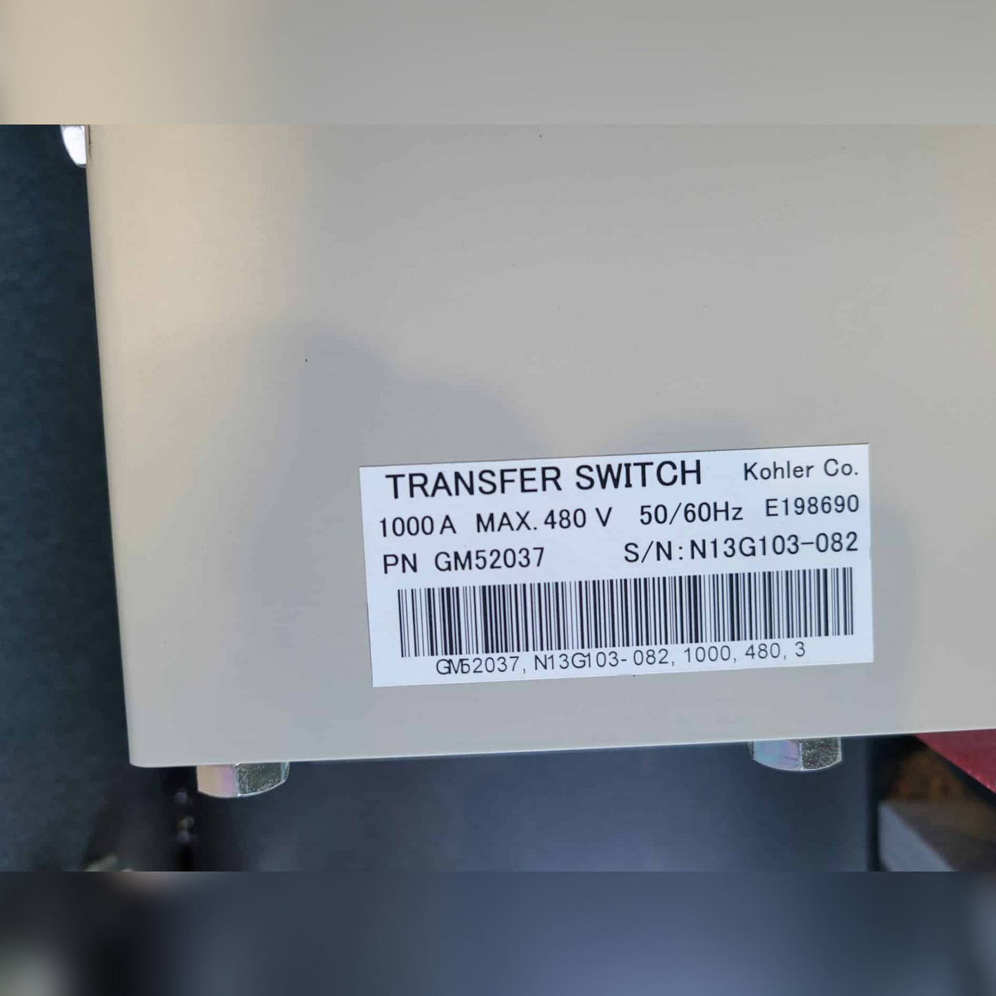 Used 1000 Amp Kohler KSS-DCTA-1000S Automatic Transfer Switch Barcode Sticker
