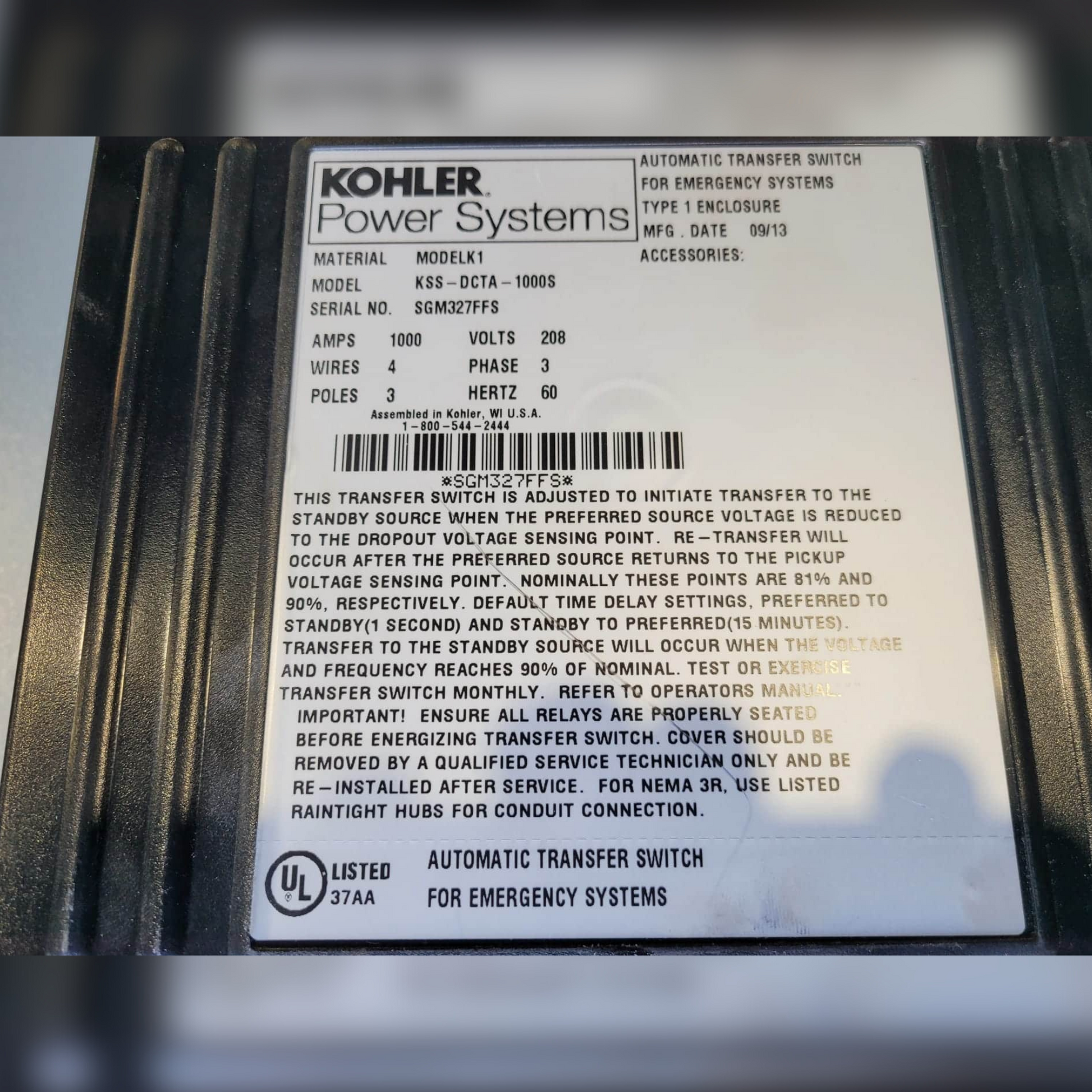 Used 1000 Amp Kohler KSS-DCTA-1000S Automatic Transfer Switch Information Sticker