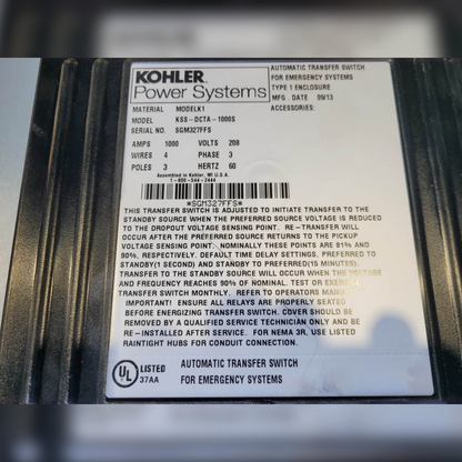 Used 1000 Amp Kohler KSS-DCTA-1000S Automatic Transfer Switch Information Sticker
