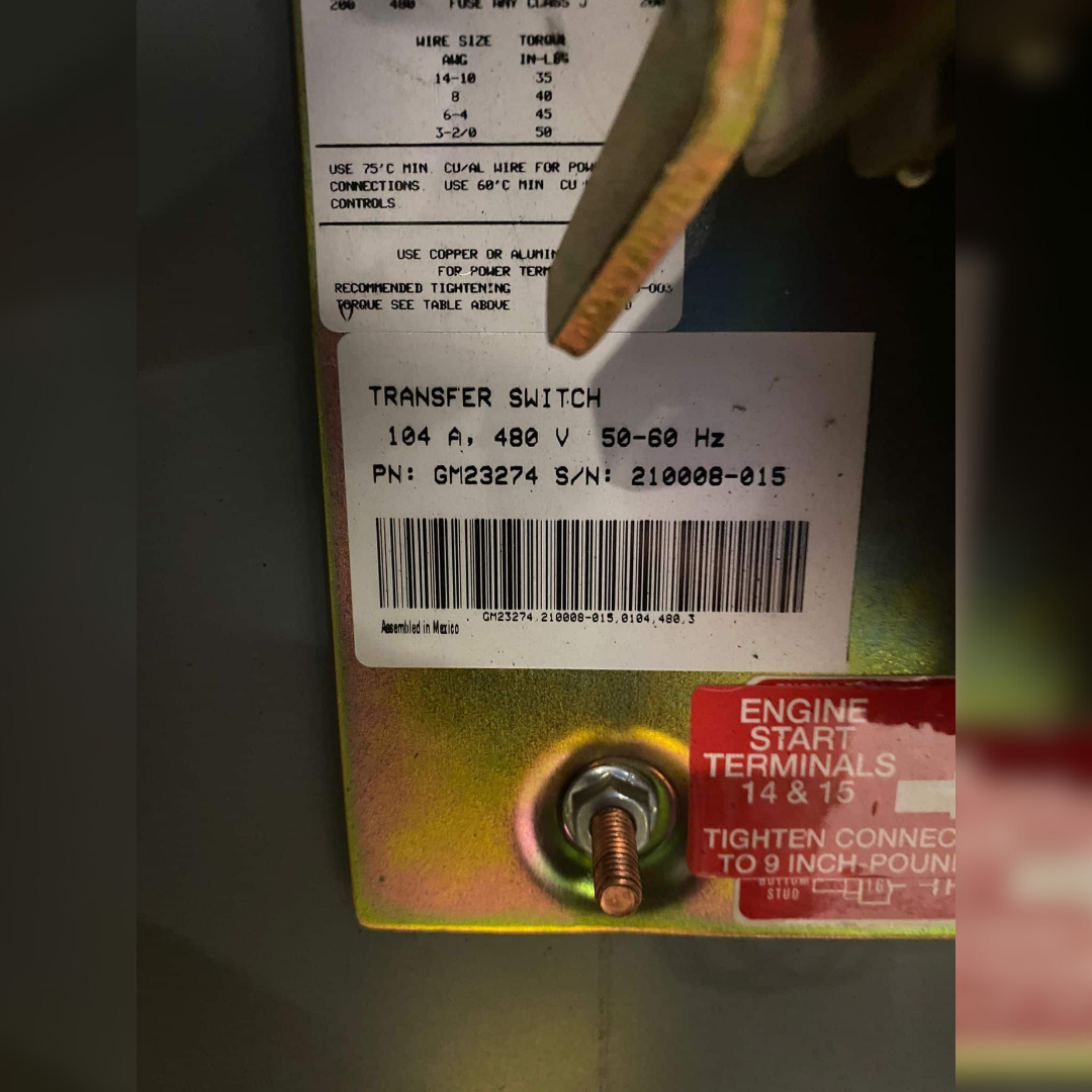 Used 104 Amp Kohler GM23274 Automatic Transfer Switch sticker