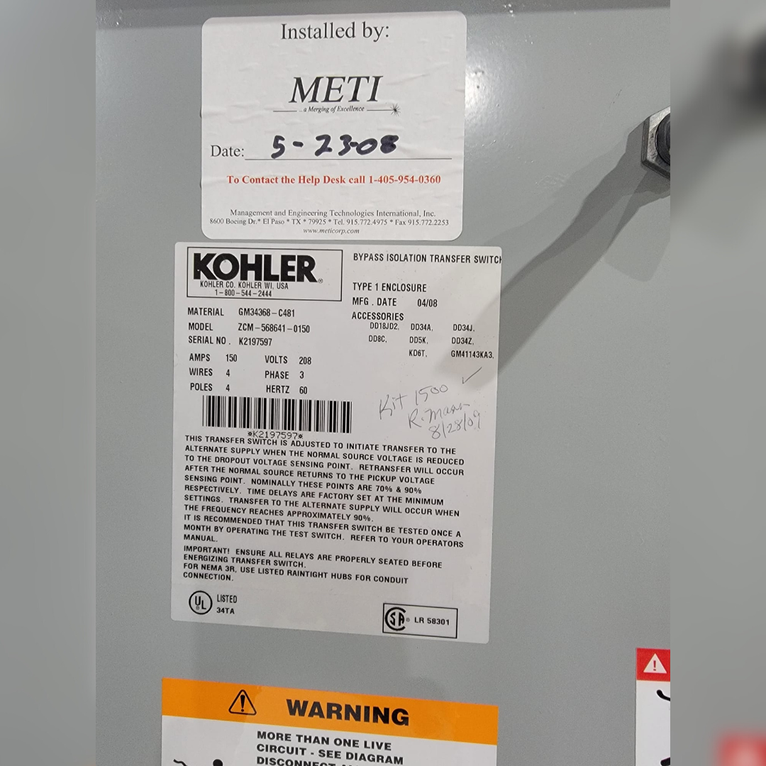Used 150 Amp Kohler ZCM-568641-0150 Automatic Transfer Switch sticker