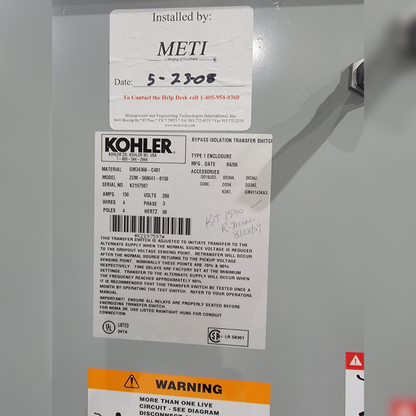 Used 150 Amp Kohler ZCM-568641-0150 Automatic Transfer Switch sticker