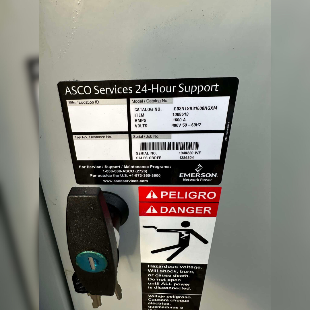 Used 1600 Amp ASCO G03NTSB31600NGXM Automatic Transfer Switch 24 support sticker