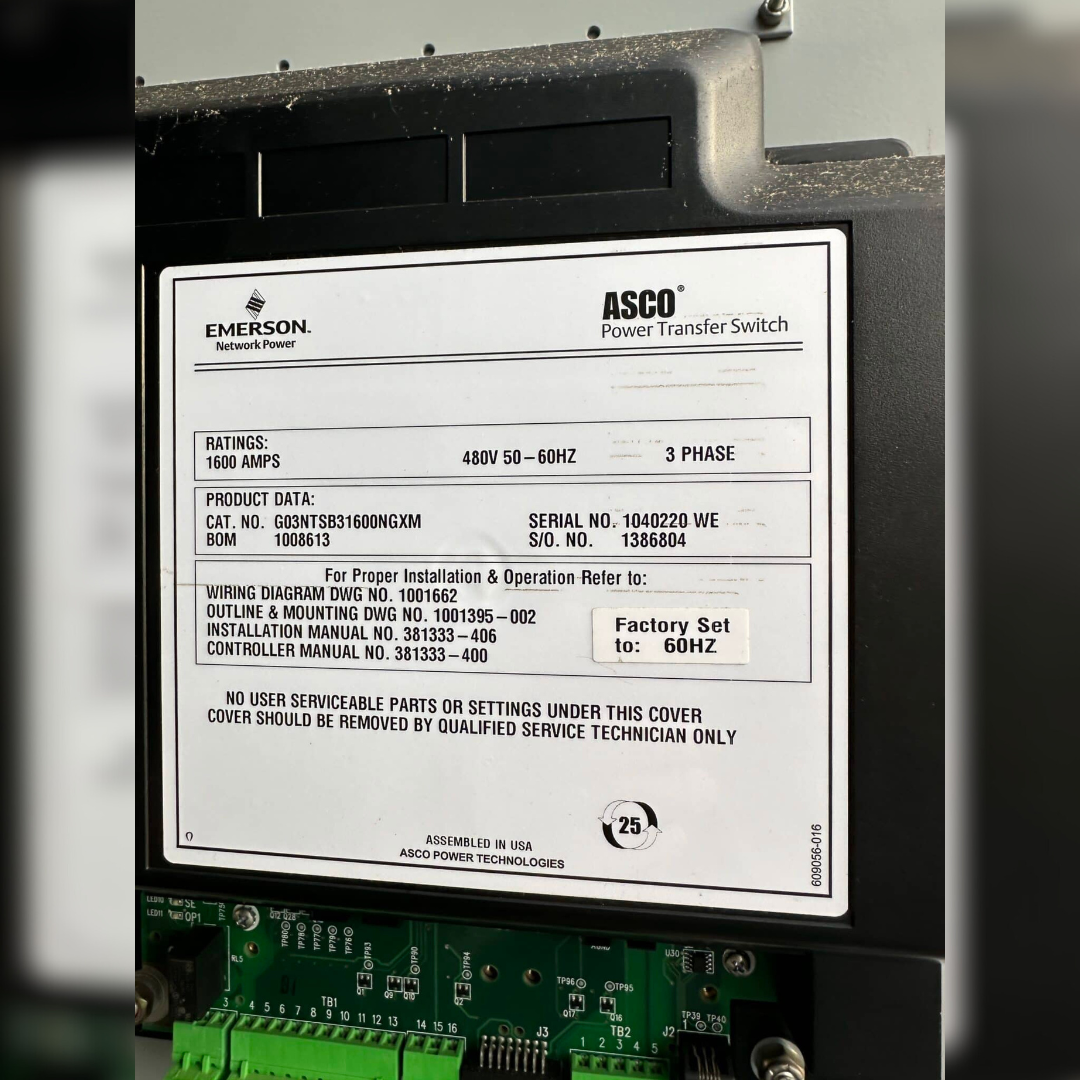Used 1600 Amp ASCO G03NTSB31600NGXM Automatic Transfer Switch sticker