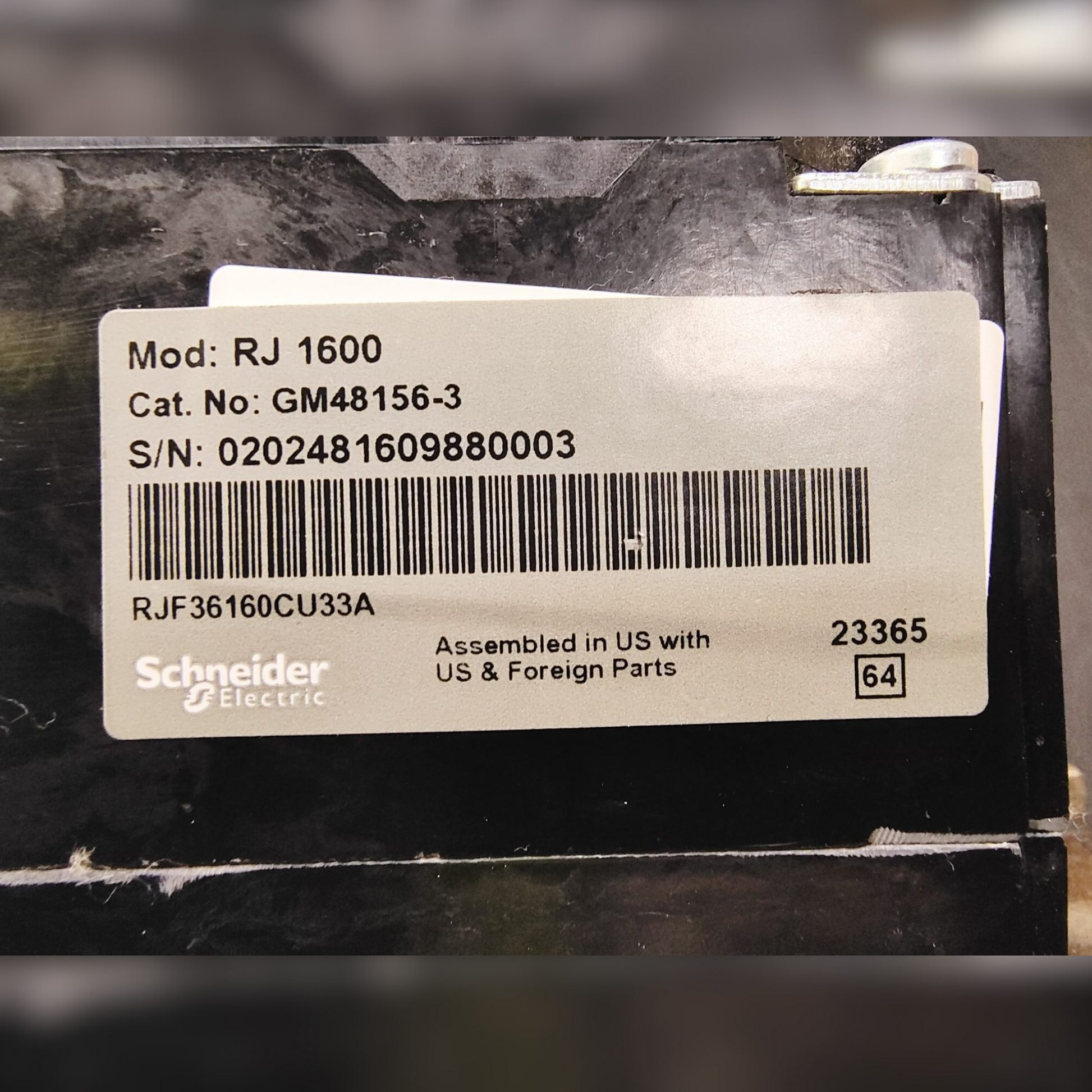 Used 1600 Amp Square D RJF36160 LSI Breaker Barcode Sticker