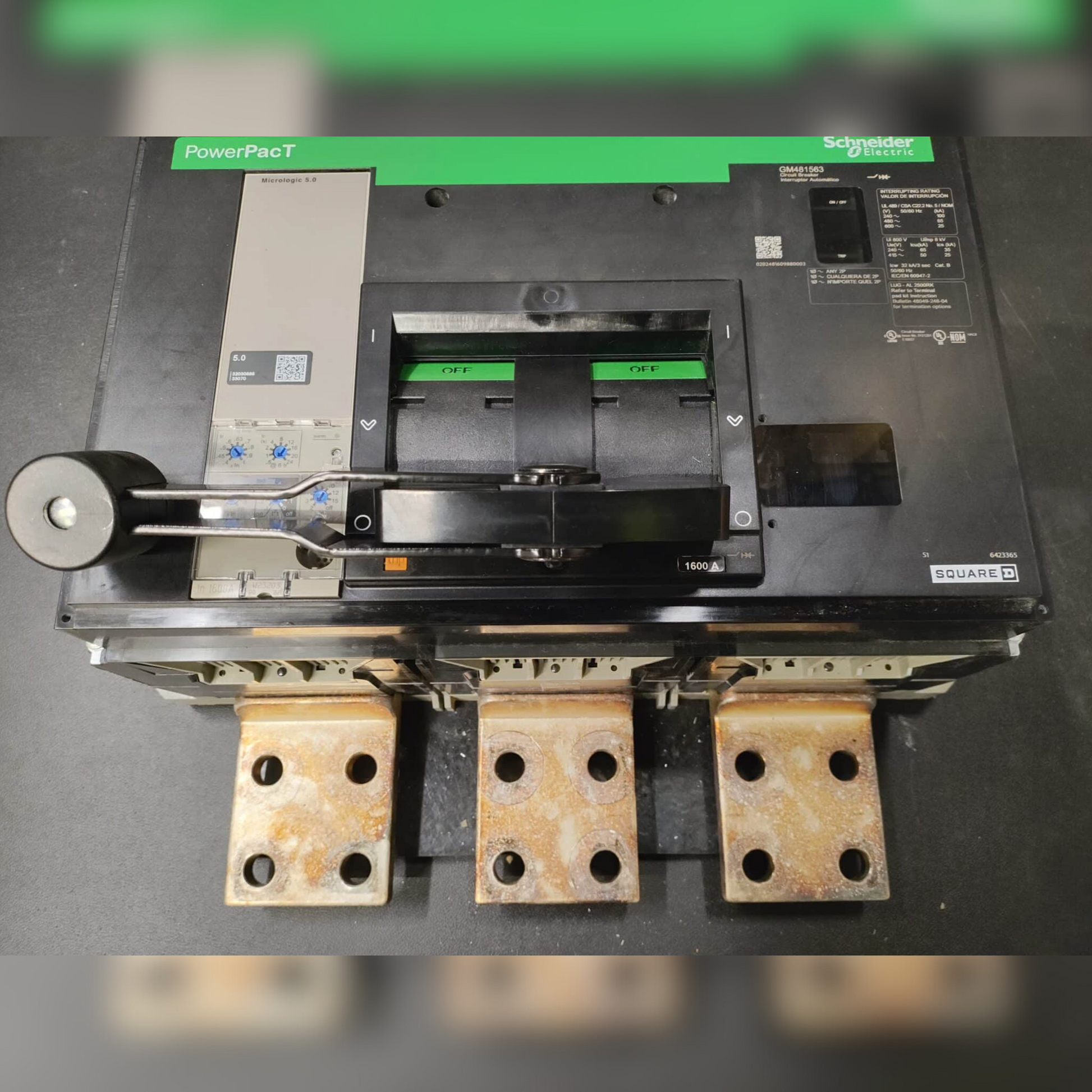 Used 1600 Amp Square D RJF36160 LSI Breaker Front and Bottom View