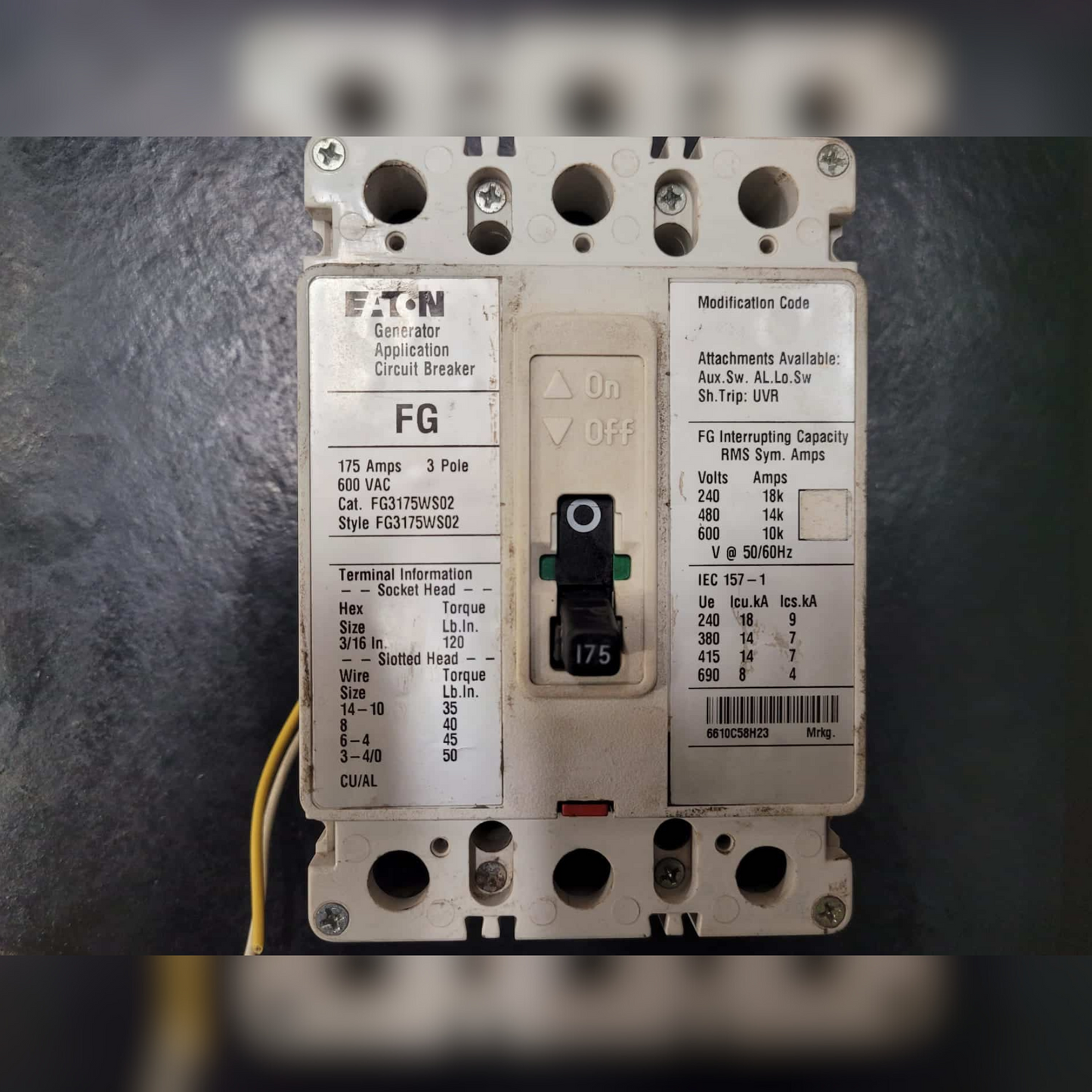 Used 175 Amp EATON FG3175WS02 Breaker Front View