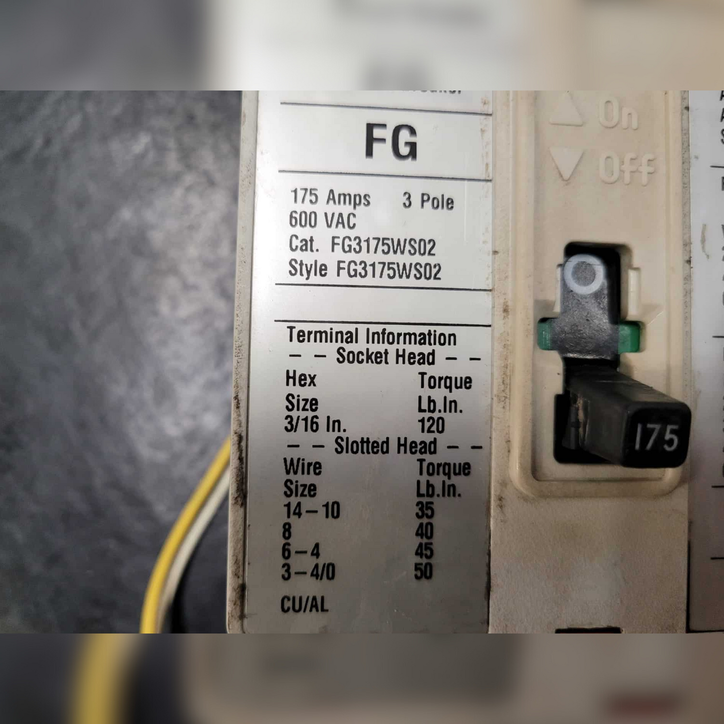 Used 175 Amp EATON FG3175WS02 Breaker Information Sticker