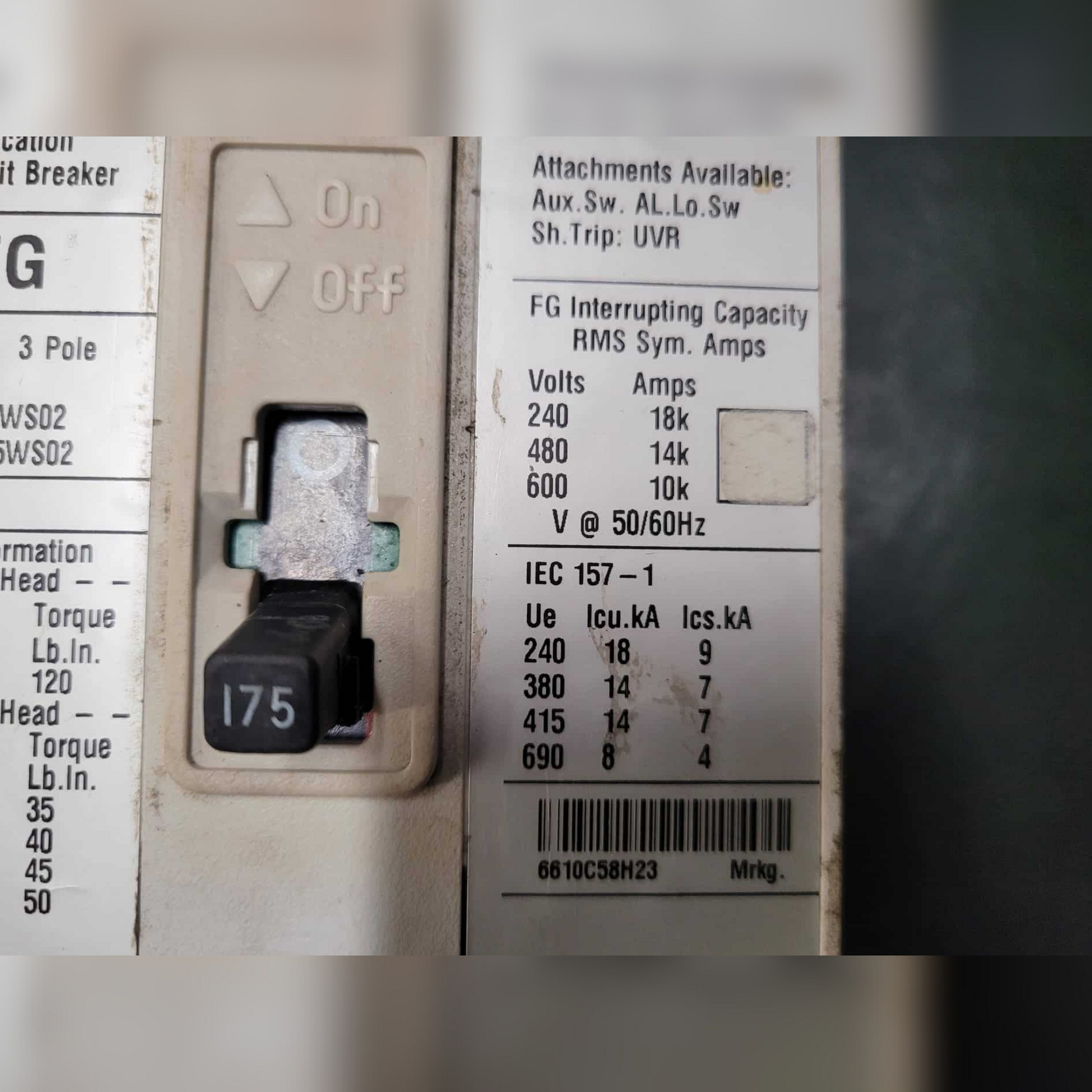 Used 175 Amp EATON FG3175WS02 Breaker Switch and Details