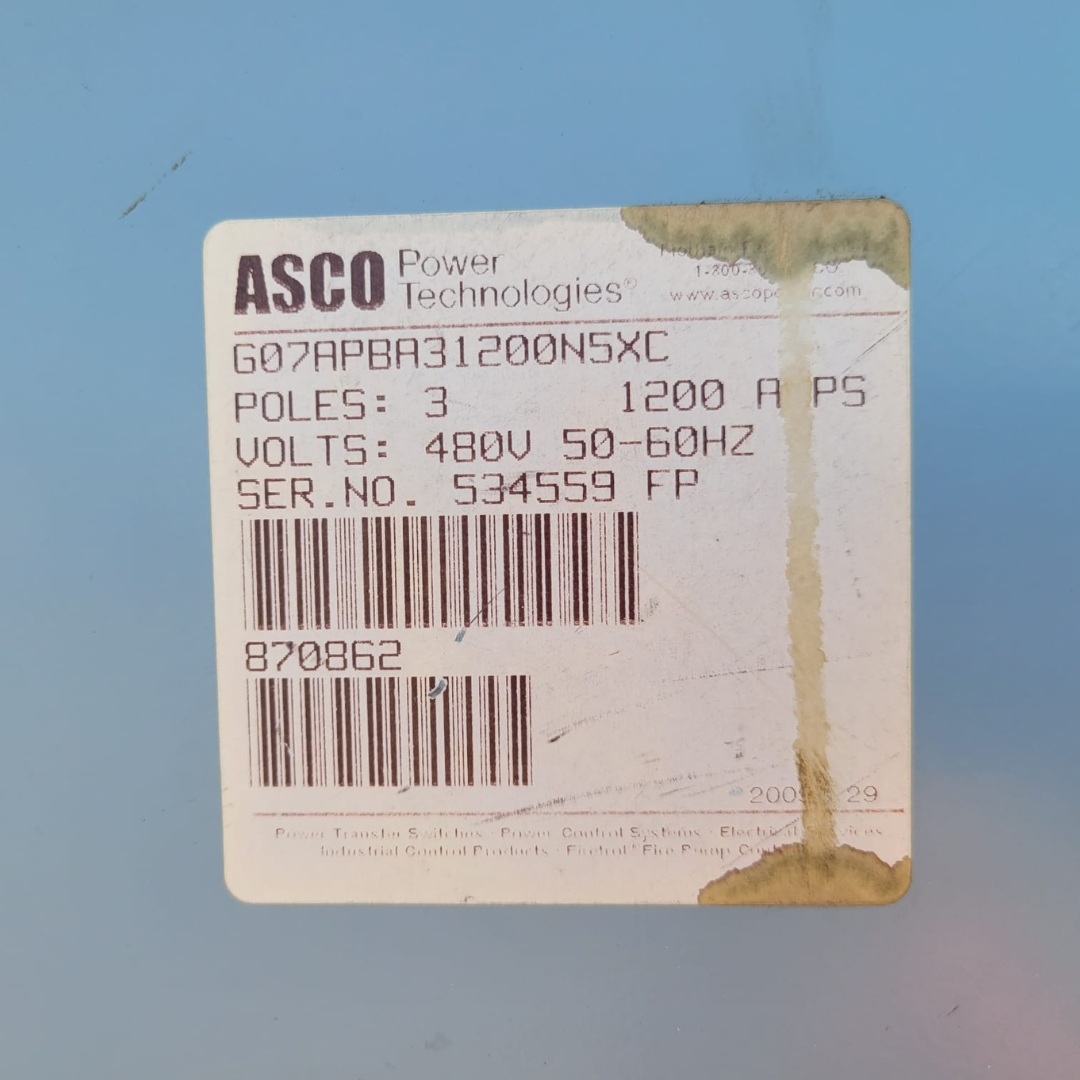 Used 200 amp ASCO G07APBA31200N5XC Automatic Transfer Switch label