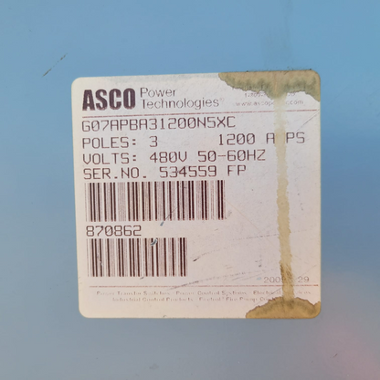 Used 200 amp ASCO G07APBA31200N5XC Automatic Transfer Switch label