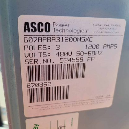 Used 200 amp ASCO G07APBA31200N5XC Automatic Transfer Switch