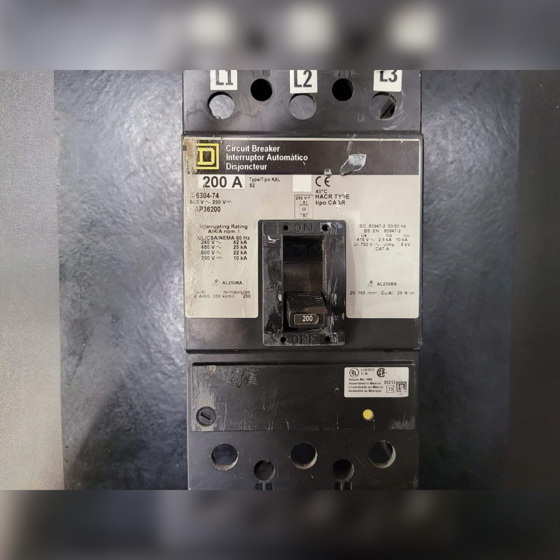 Used 200 Amp Square D KAP36200 Breaker Front View