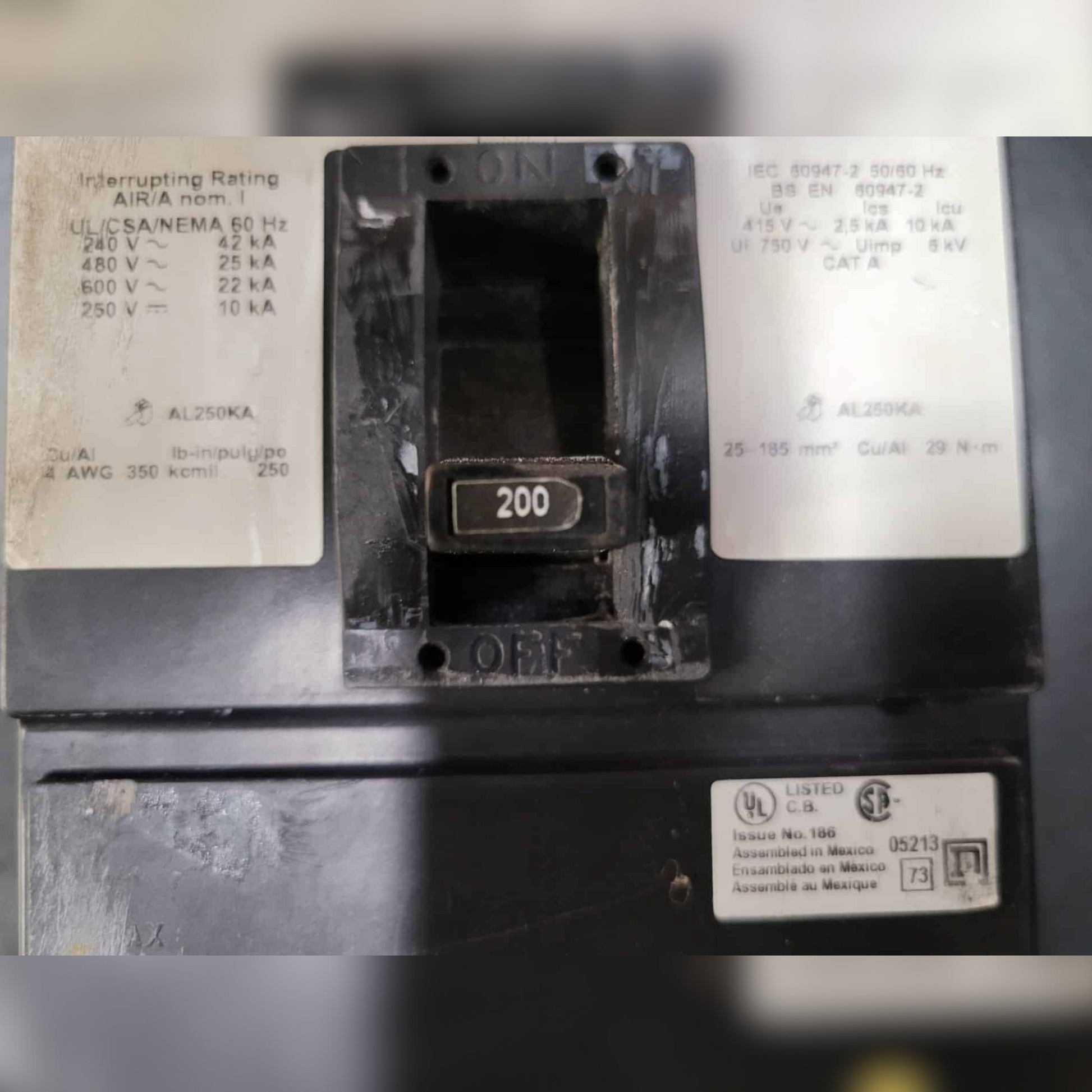 Used 200 Amp Square D KAP36200 Breaker on and off switch
