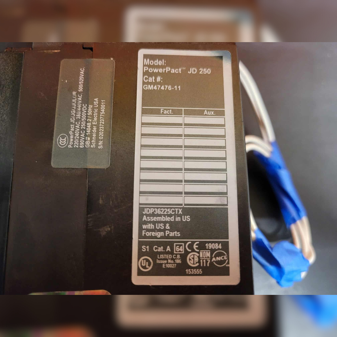 Used 225 Amp Square D JDP36225CTX Breaker sticker