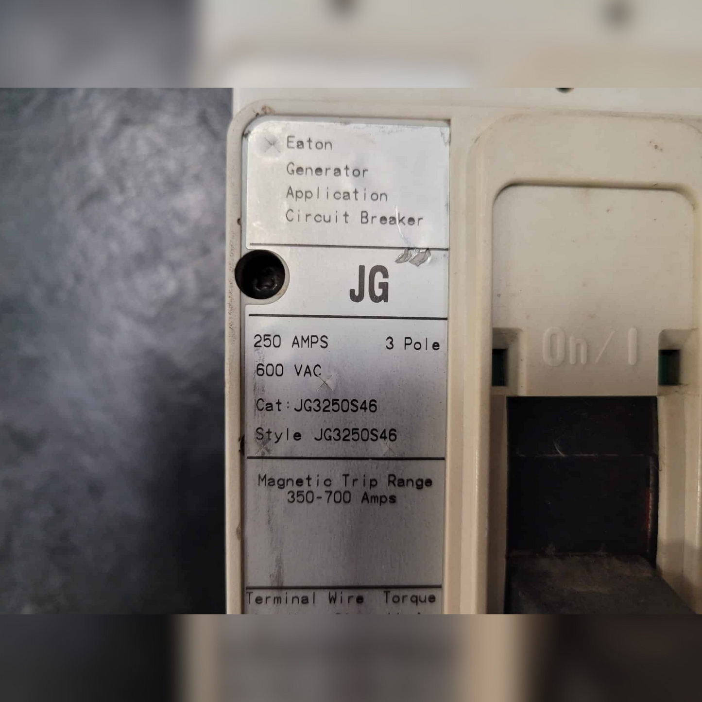 Used 250 Amp EATON JG3250S46 Breaker Information Sticker
