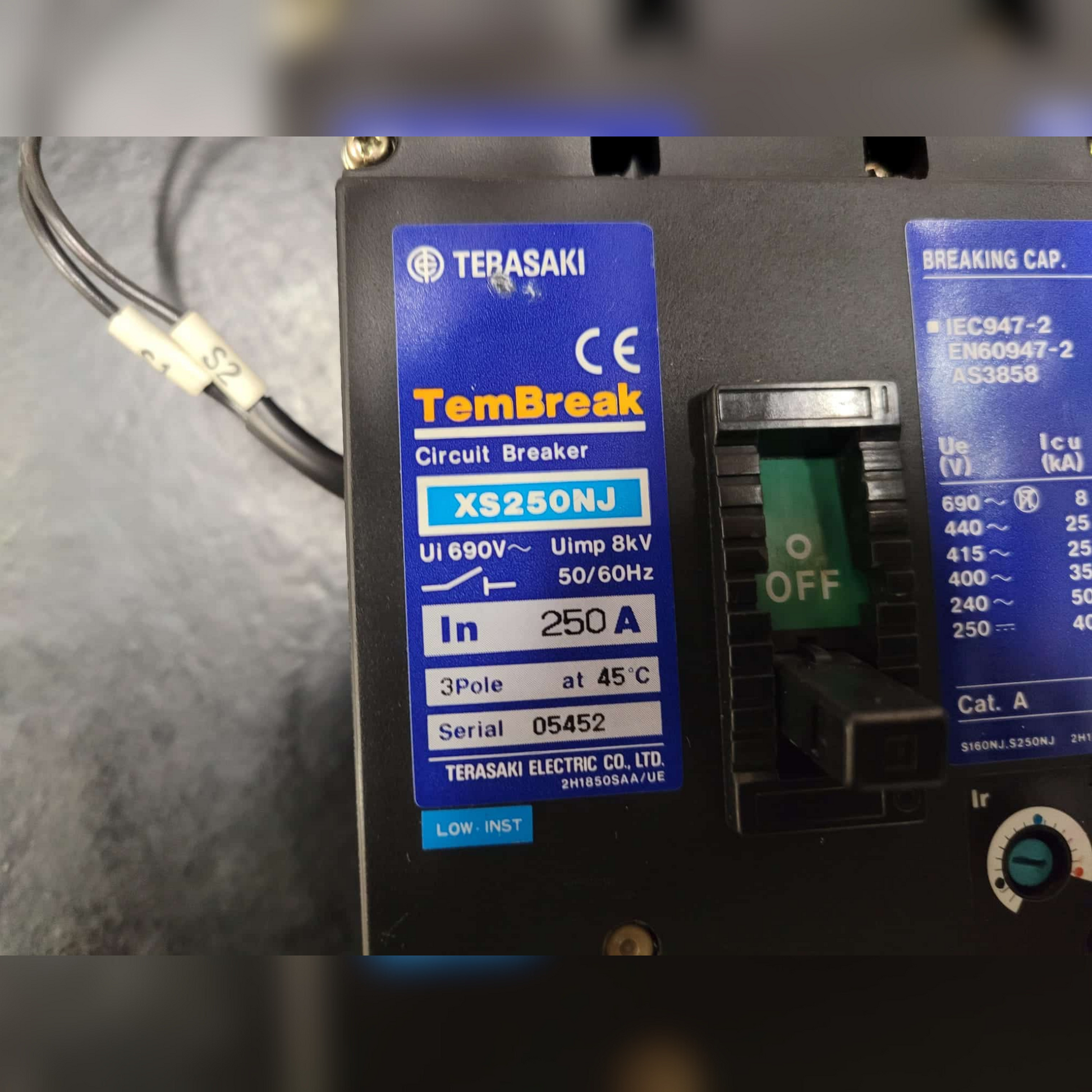 Used 250 Amp Terasaki TemBreak XS250NJ Breaker Switch and Information Sticker