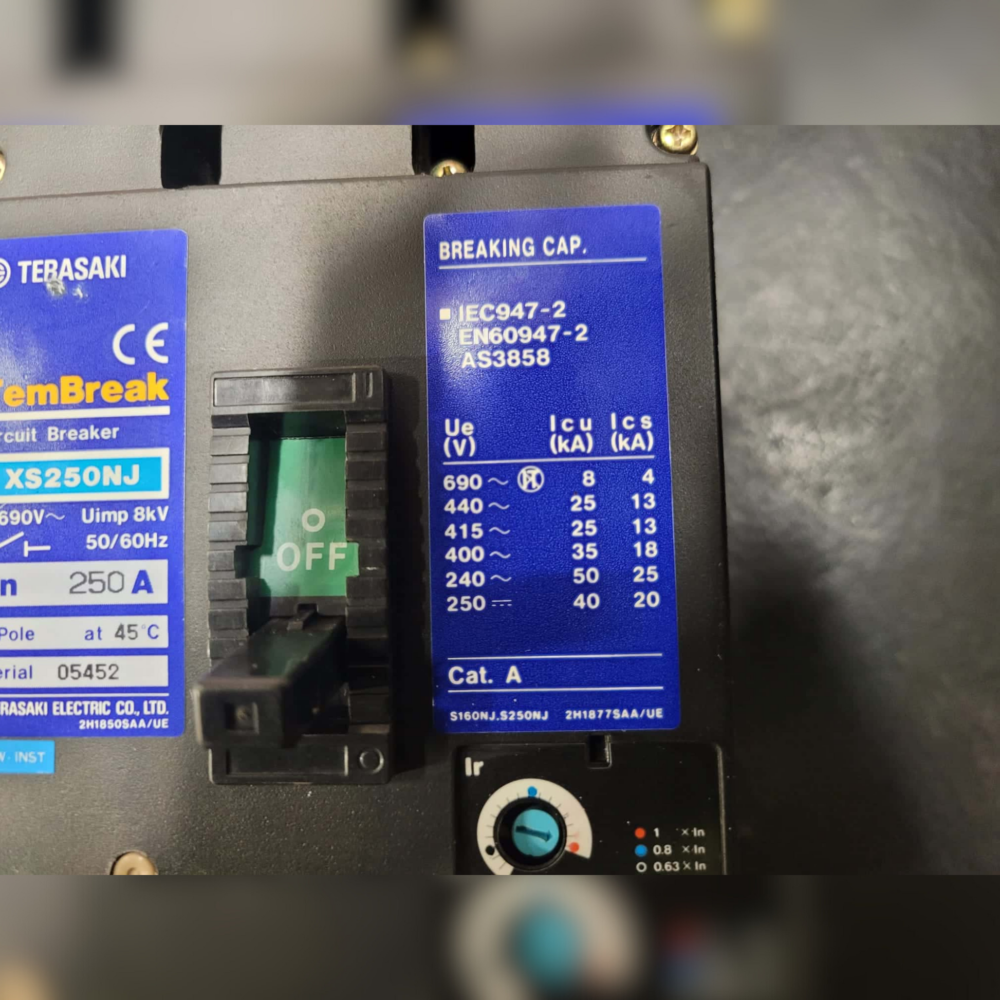 Used 250 Amp Terasaki TemBreak XS250NJ Breaker Switch and Information Sticker