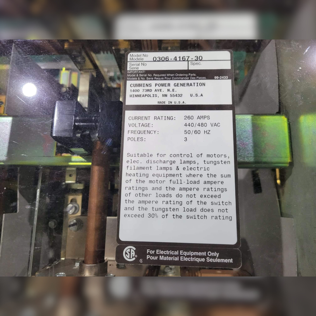 Used 260 Amp Onan BTPCB-5703427 Automatic Transfer Switch sticker